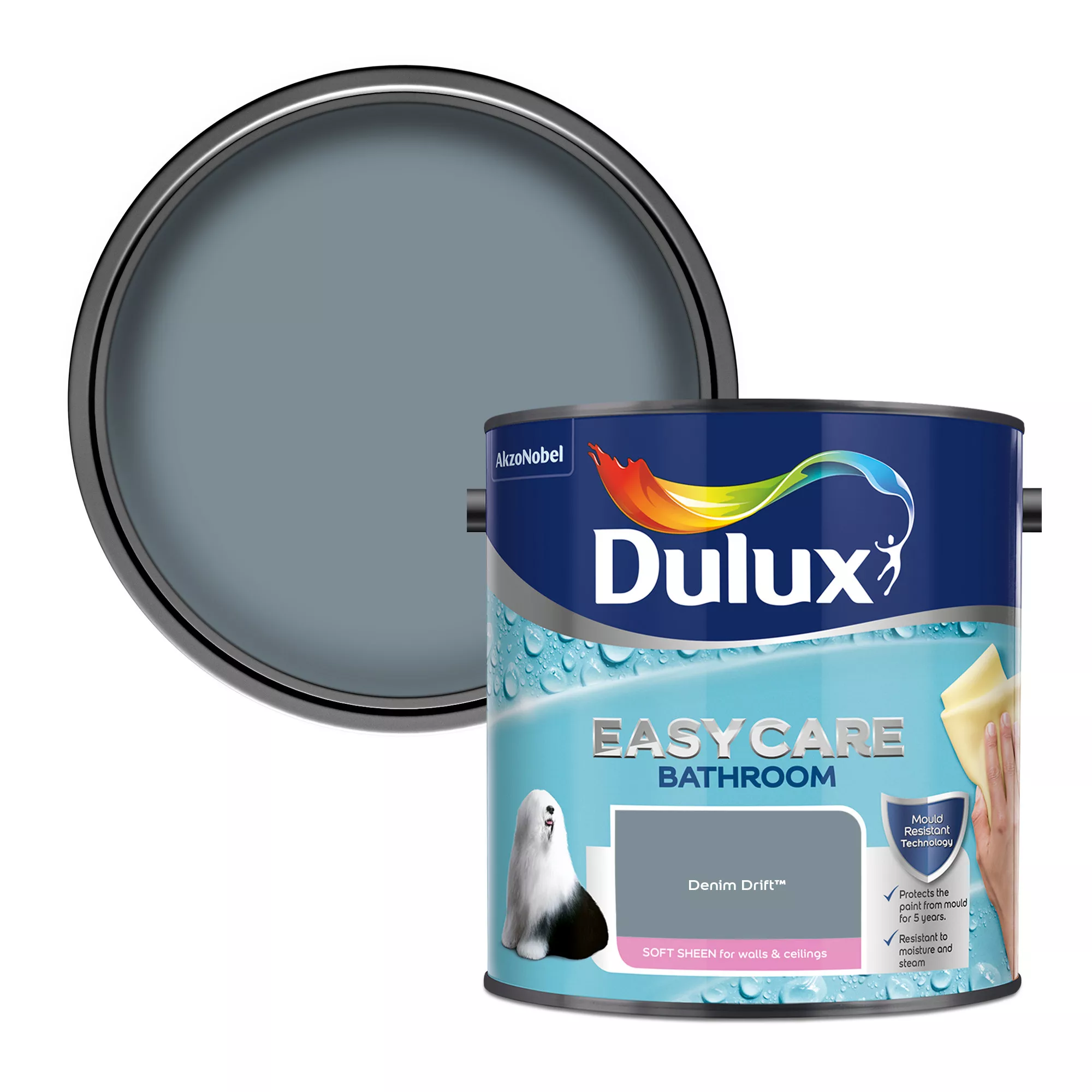 Dulux Easycare Bathroom Denim Drift Soft Sheen Emulsion Paint, 2.5L 1 Dulux Easycare Bathroom Denim Drift Soft Sheen Emulsion Paint, 2.5L
