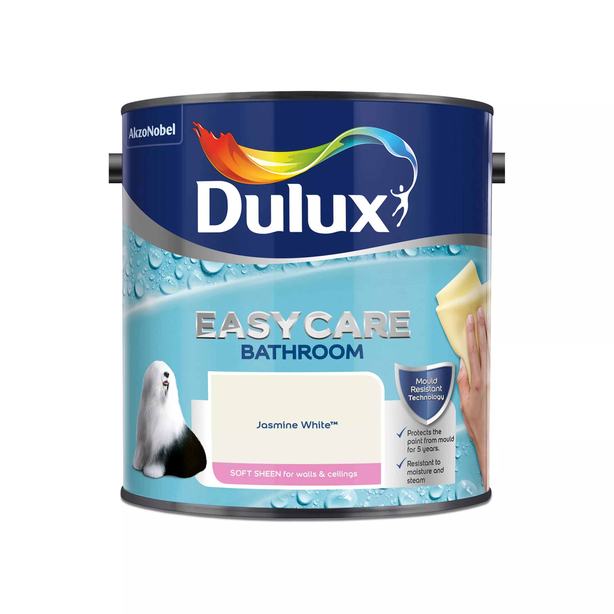 Dulux Easycare Bathroom Jasmine White Soft Sheen Emulsion Paint, 2.5L 2 Dulux Easycare Bathroom Jasmine White Soft Sheen Emulsion Paint, 2.5L - Image 2