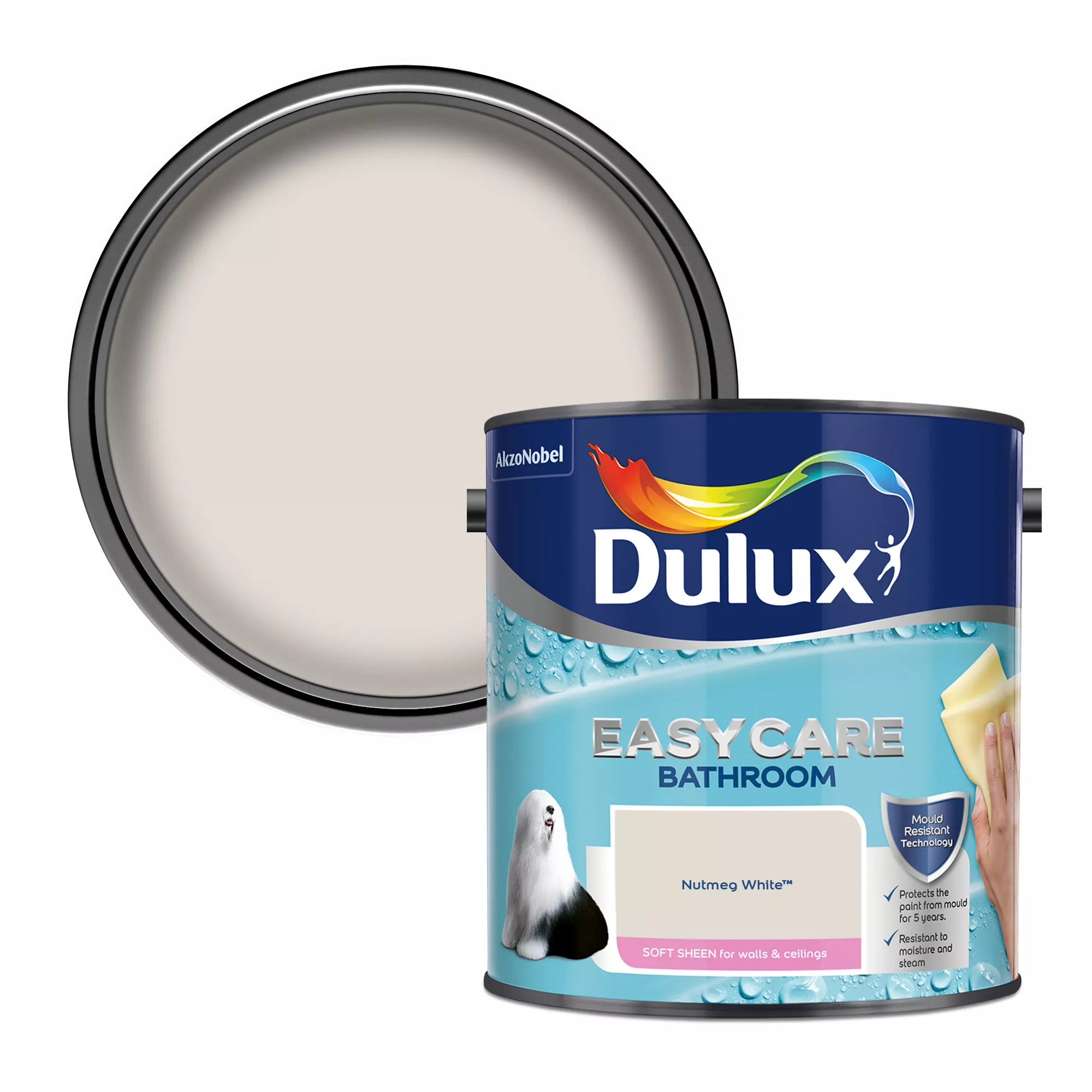Dulux Easycare Bathroom Nutmeg White Soft Sheen Emulsion Paint, 2.5L 1 Dulux Easycare Bathroom Nutmeg White Soft Sheen Emulsion Paint, 2.5L
