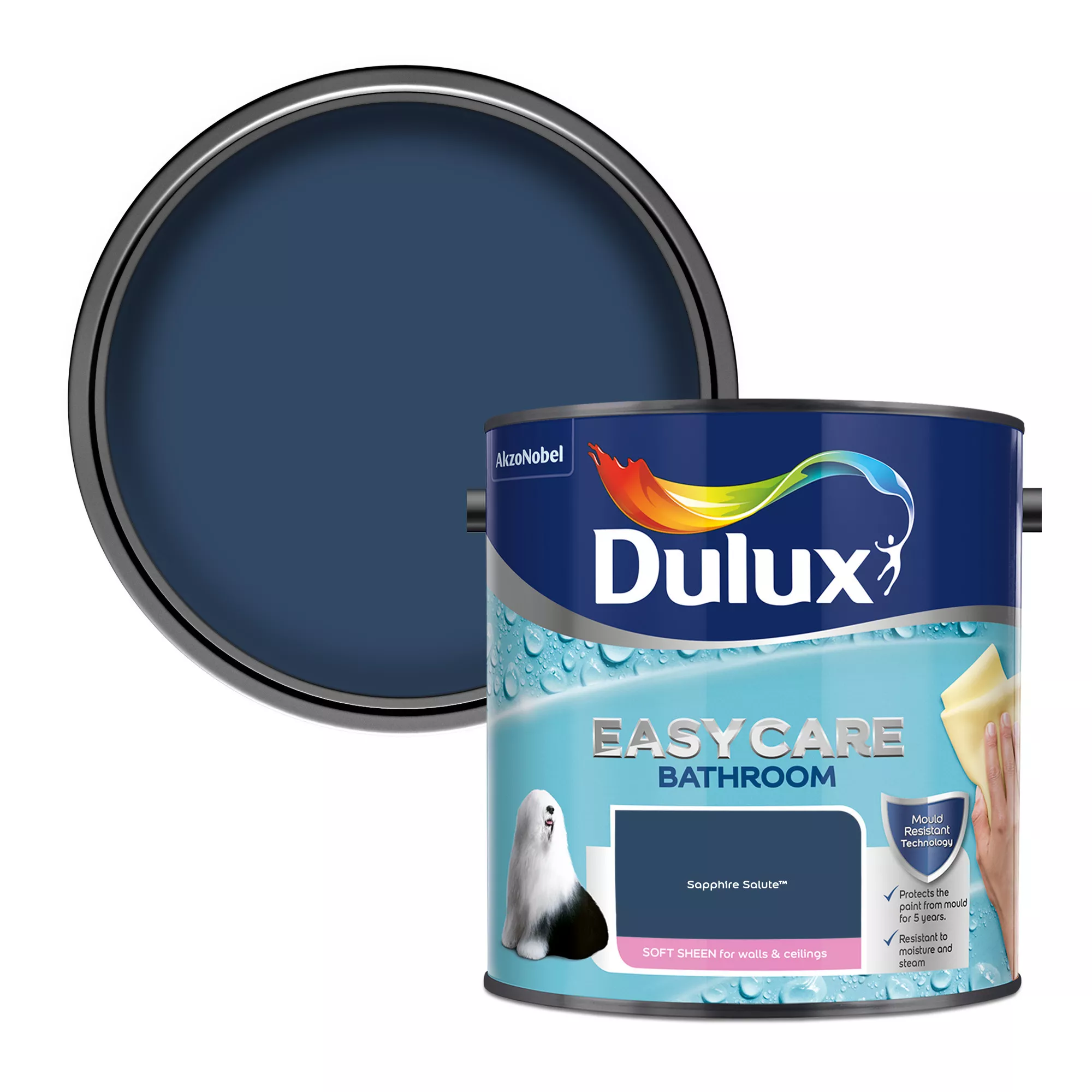 Dulux Easycare Bathroom Sapphire Salute Soft Sheen Wall Paint, 2.5L 1 Dulux Easycare Bathroom Sapphire Salute Soft Sheen Wall Paint, 2.5L