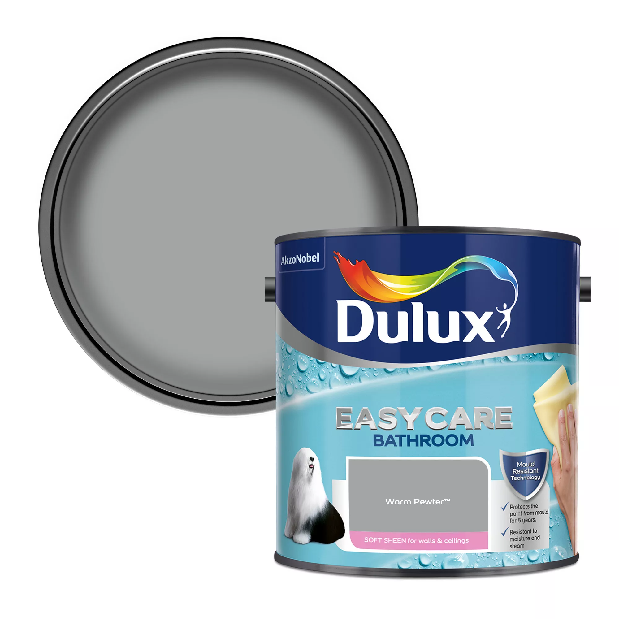 Dulux Easycare Bathroom Warm Pewter Soft Sheen Emulsion Paint, 2.5L 1 Dulux Easycare Bathroom Warm Pewter Soft Sheen Emulsion Paint, 2.5L