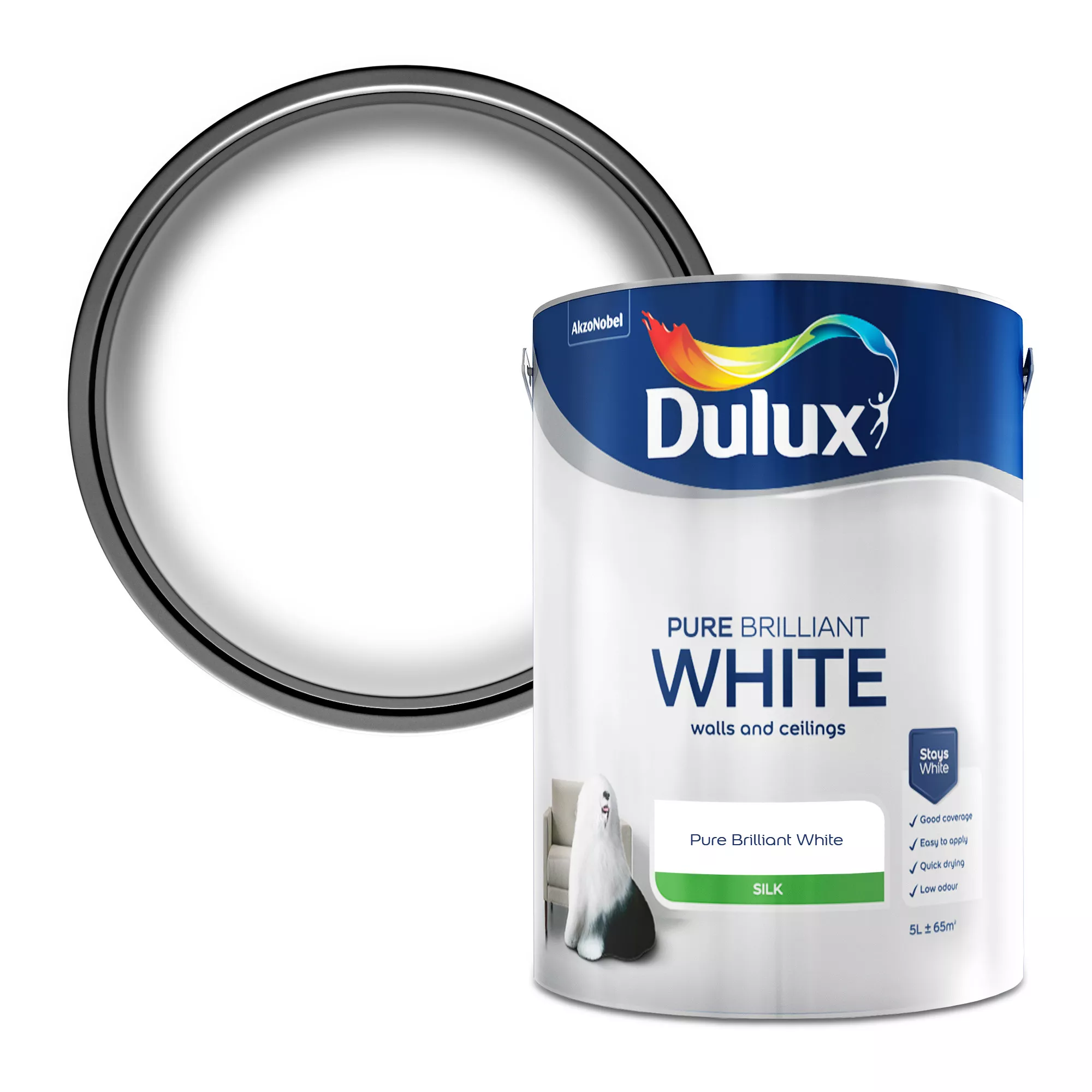 Dulux Pure Brilliant White Silk Emulsion Paint, 5L 1 Dulux Pure Brilliant White Silk Emulsion Paint, 5L