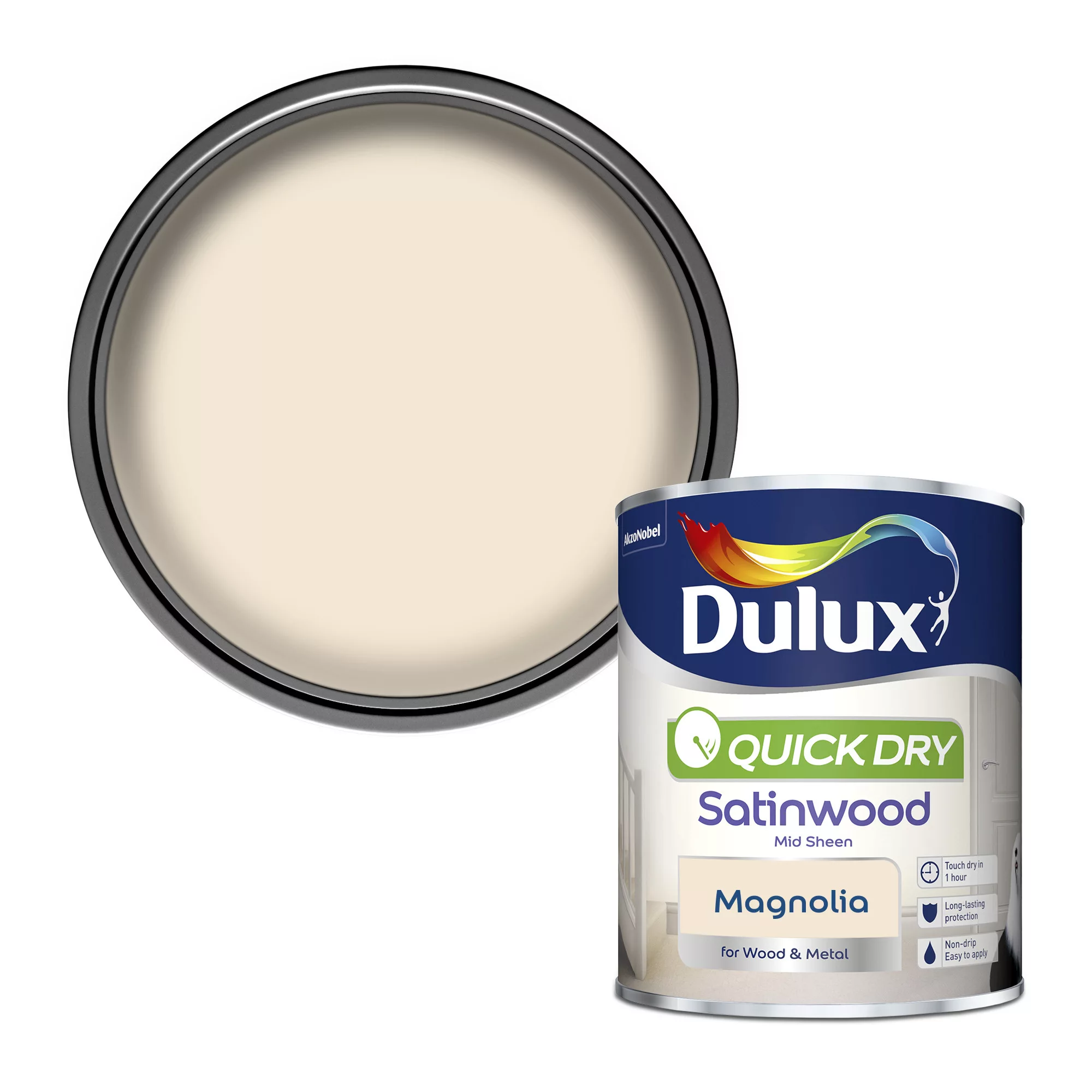 Dulux Quick Dry Magnolia Satinwood Metal & Wood Paint, 750ml 1 Dulux Quick Dry Magnolia Satinwood Metal & Wood Paint, 750ml