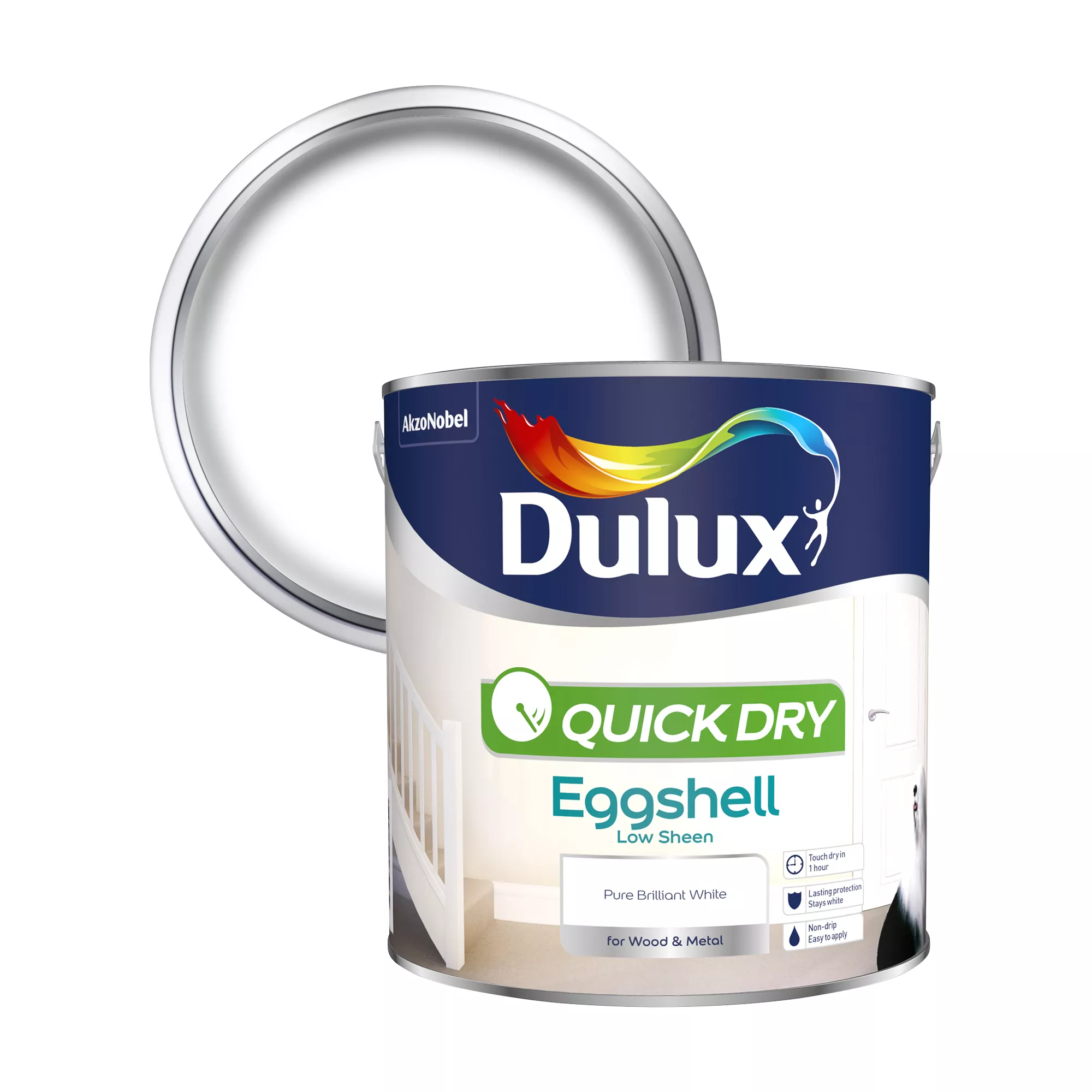 Dulux Quick Dry Pure Brilliant White Eggshell Metal & Wood Paint, 2.5L 1 Dulux Quick Dry Pure Brilliant White Eggshell Metal & Wood Paint, 2.5L