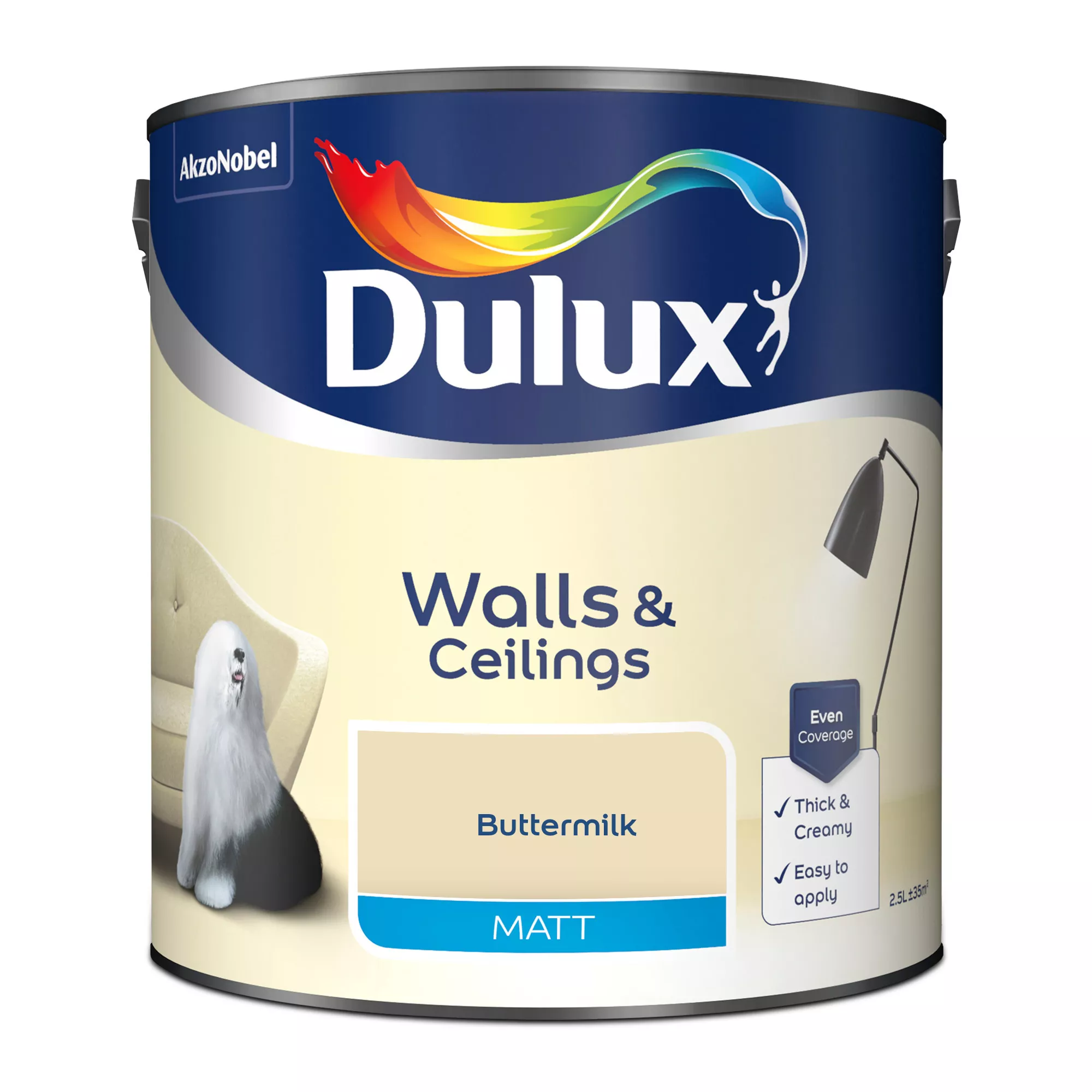 Dulux Walls & Ceilings Buttermilk Matt Emulsion Paint, 2.5L 2 Dulux Walls & Ceilings Buttermilk Matt Emulsion Paint, 2.5L - Image 2