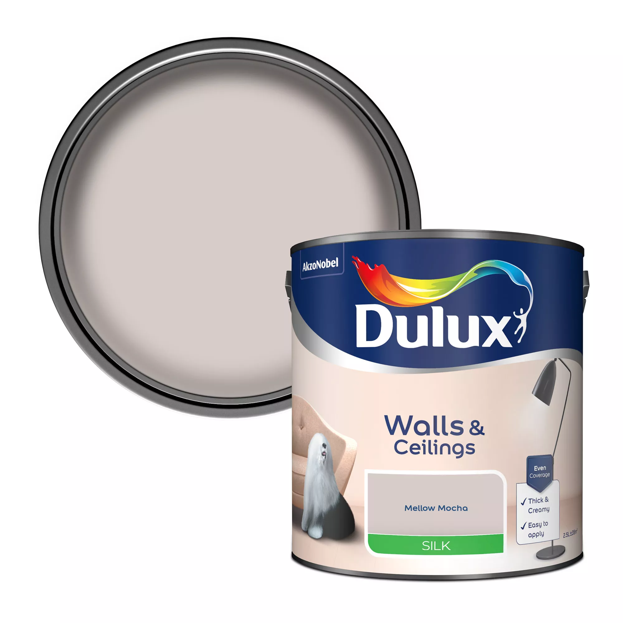 Dulux Walls & Ceilings Mellow Mocha Silk Emulsion Paint, 2.5L 1 Dulux Walls & Ceilings Mellow Mocha Silk Emulsion Paint, 2.5L