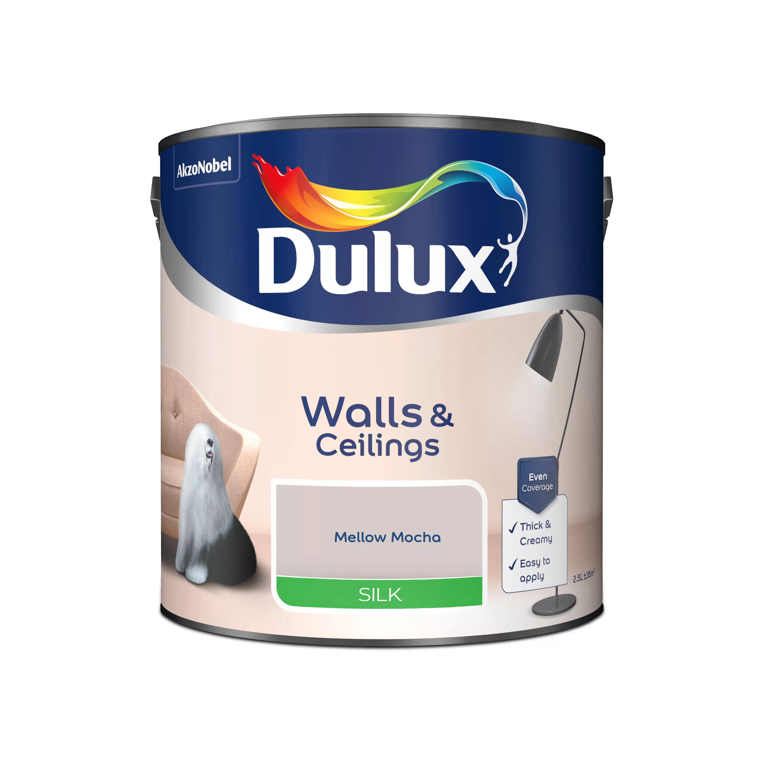 Dulux Walls & Ceilings Mellow Mocha Silk Emulsion Paint, 2.5L 2 Dulux Walls & Ceilings Mellow Mocha Silk Emulsion Paint, 2.5L - Image 2