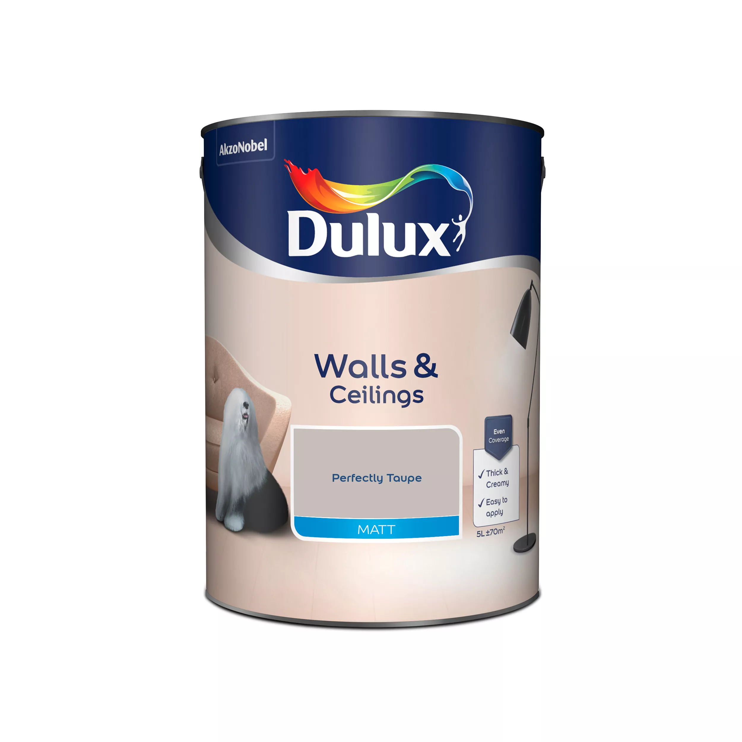 Dulux Walls & Ceilings Perfectly Taupe Matt Emulsion Paint, 5L 2 Dulux Walls & Ceilings Perfectly Taupe Matt Emulsion Paint, 5L - Image 2