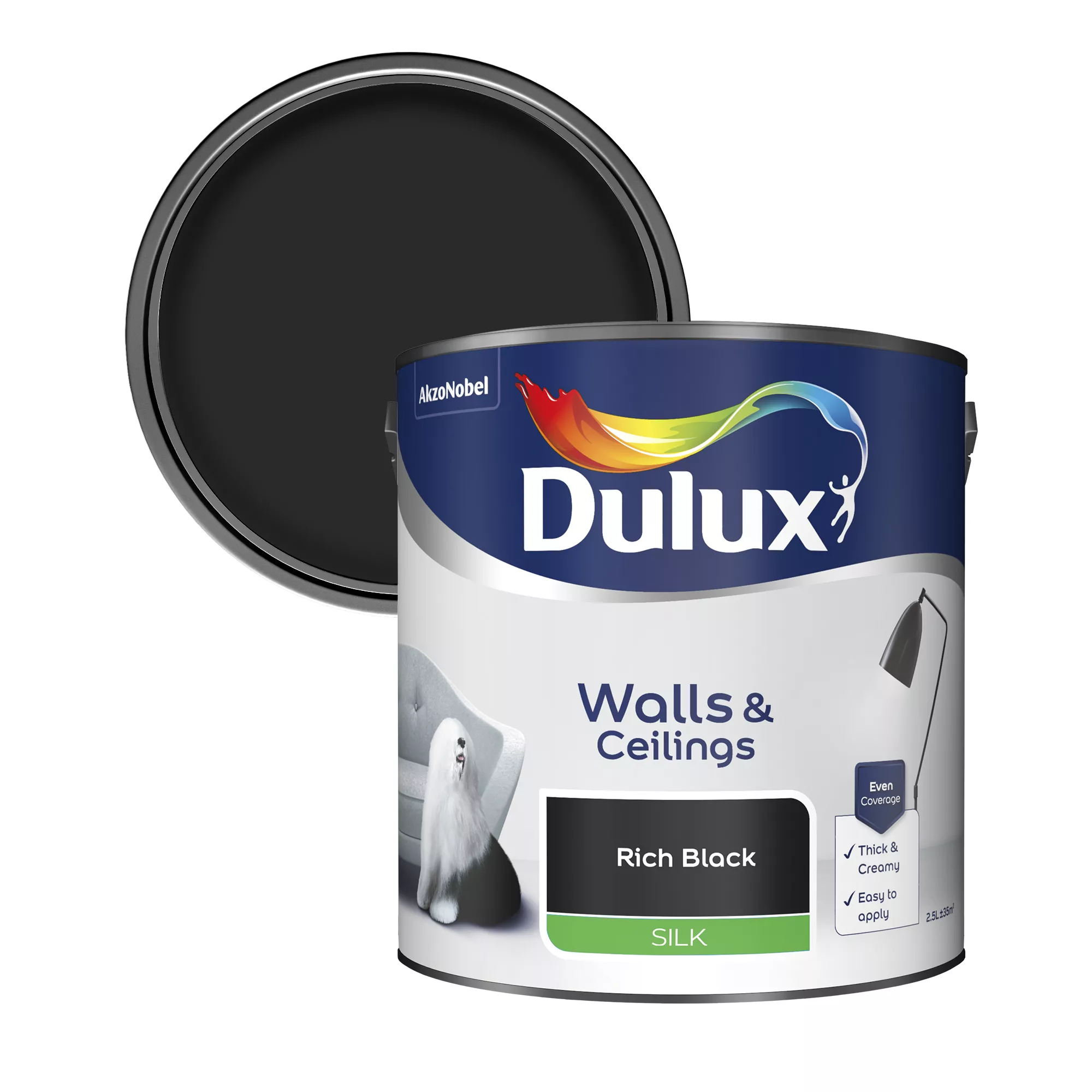 Dulux Walls & Ceilings Rich Black Silk Emulsion Paint, 2.5L 1 Dulux Walls & Ceilings Rich Black Silk Emulsion Paint, 2.5L