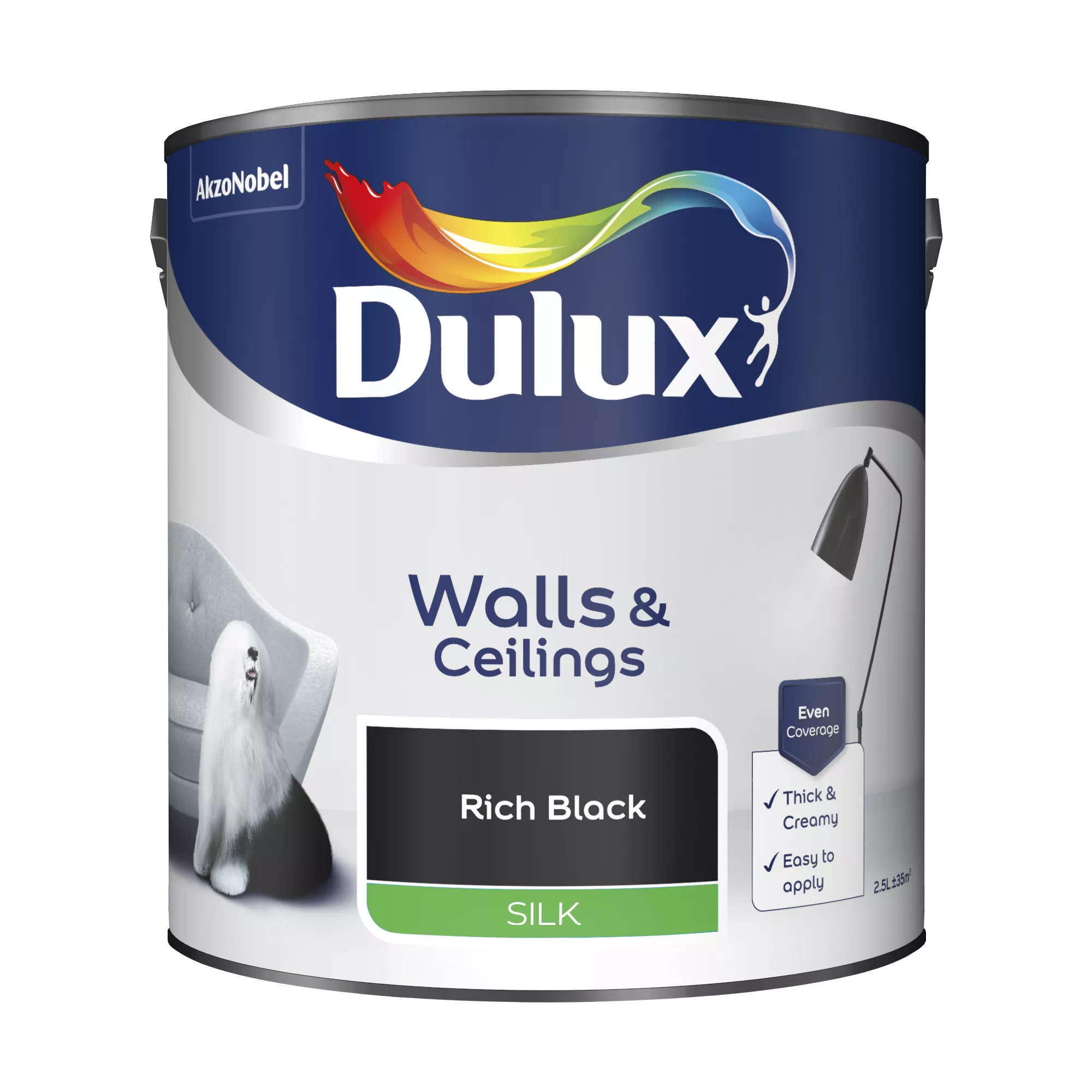 Dulux Walls & Ceilings Rich Black Silk Emulsion Paint, 2.5L 2 Dulux Walls & Ceilings Rich Black Silk Emulsion Paint, 2.5L - Image 2