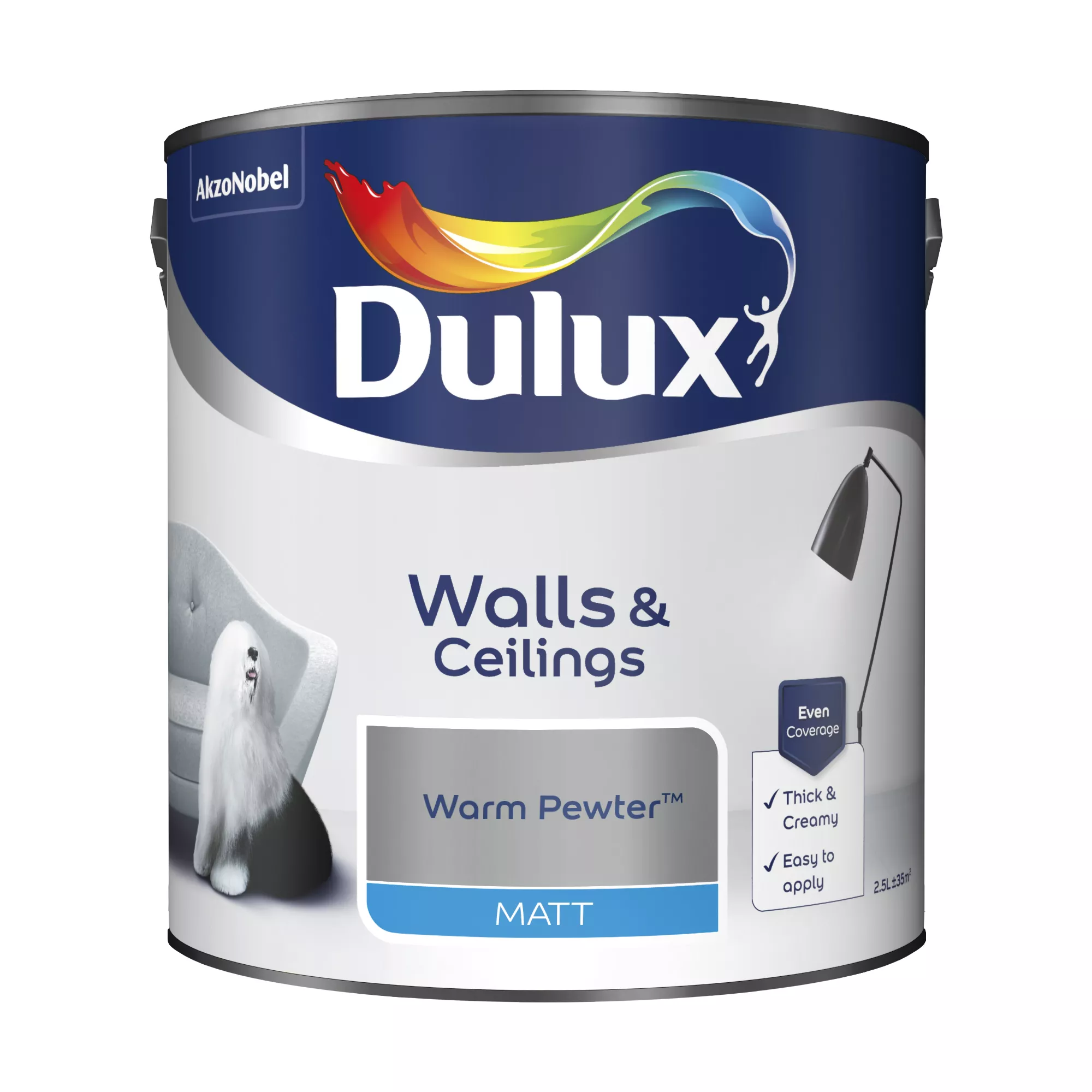 Dulux Walls & Ceilings Warm Pewter Matt Emulsion Paint, 2.5L 2 Dulux Walls & Ceilings Warm Pewter Matt Emulsion Paint, 2.5L - Image 2