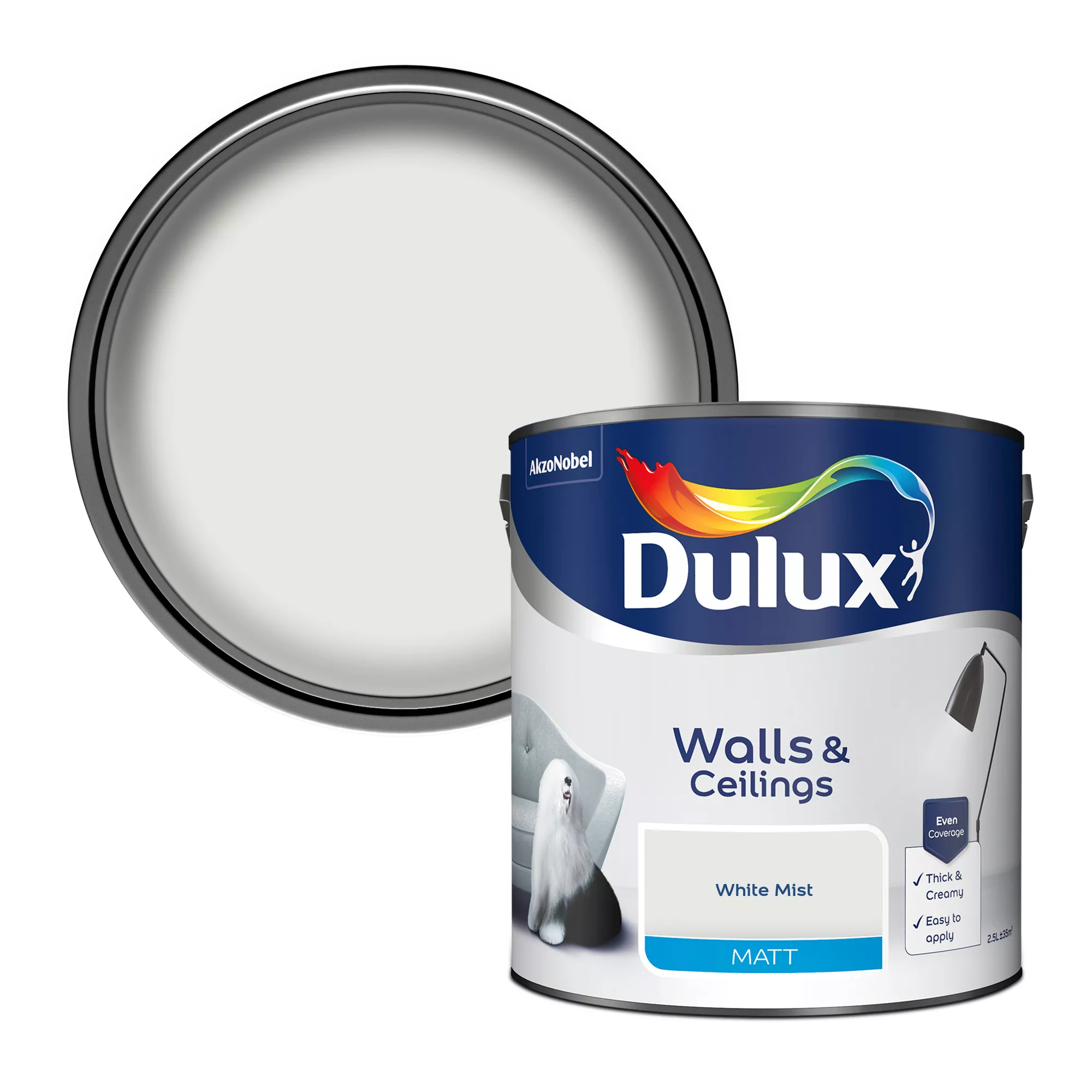 Dulux Walls & Ceilings White Mist Matt Emulsion Paint, 2.5L 1 Dulux Walls & Ceilings White Mist Matt Emulsion Paint, 2.5L