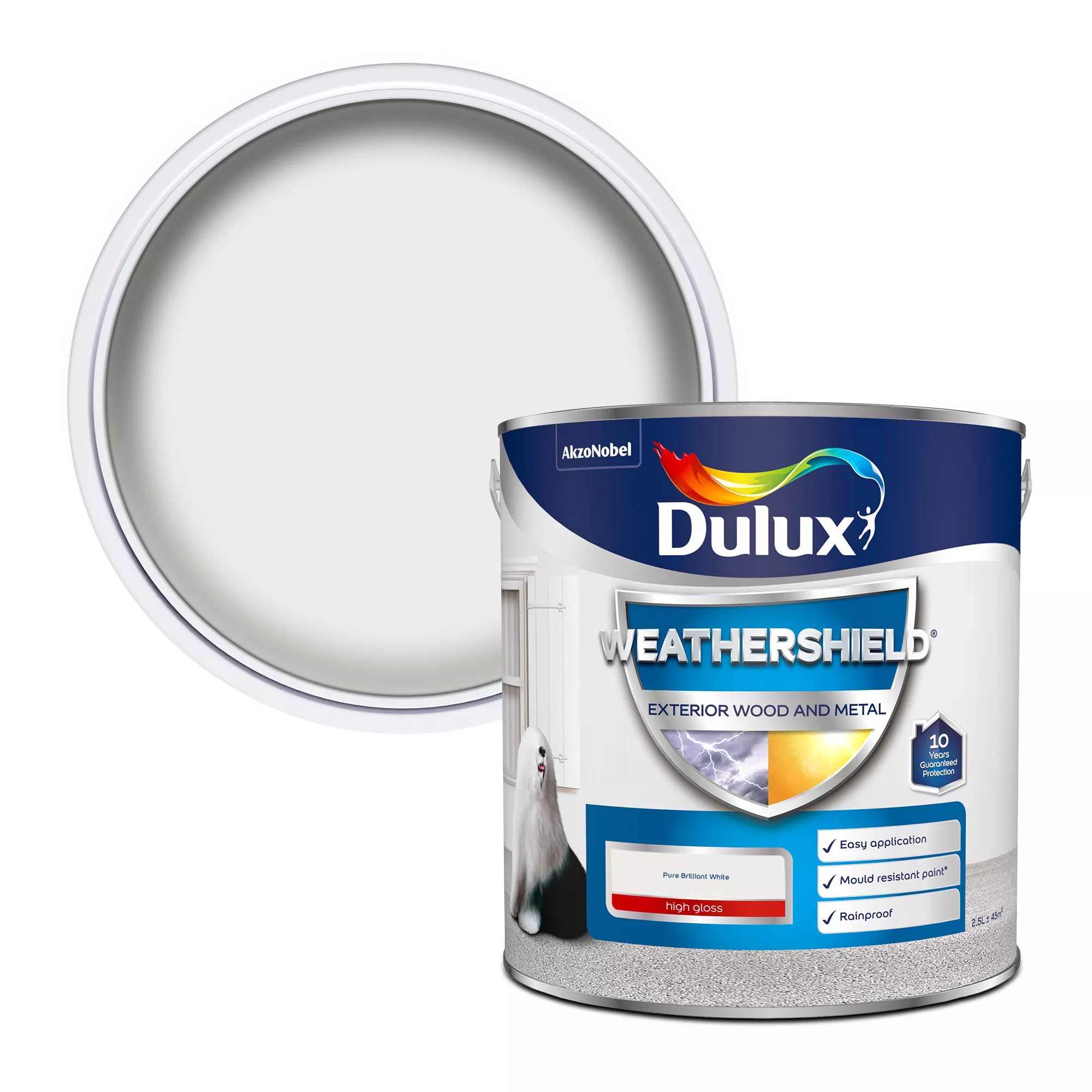 Dulux Weathershield Pure Brilliant White Gloss Exterior Metal & Wood Paint, 2.5L 1 Dulux Weathershield Pure Brilliant White Gloss Exterior Metal & Wood Paint, 2.5L