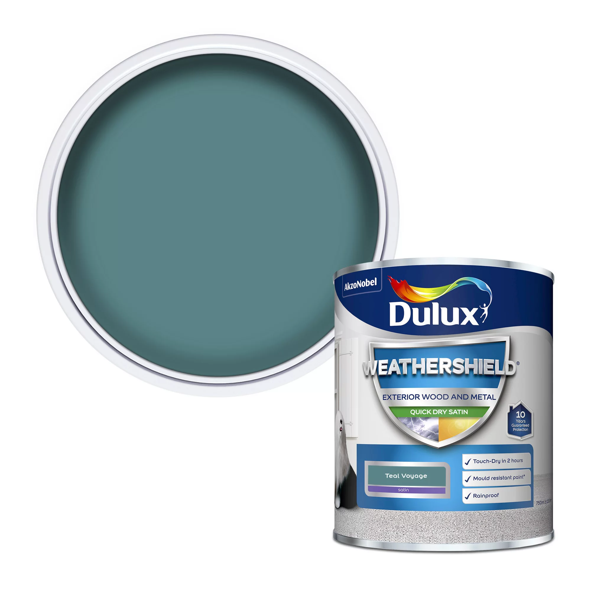 Dulux Weathershield Teal Voyage Satinwood Emulsion Paint, 750ml 1 Dulux Weathershield Teal Voyage Satinwood Emulsion Paint, 750ml